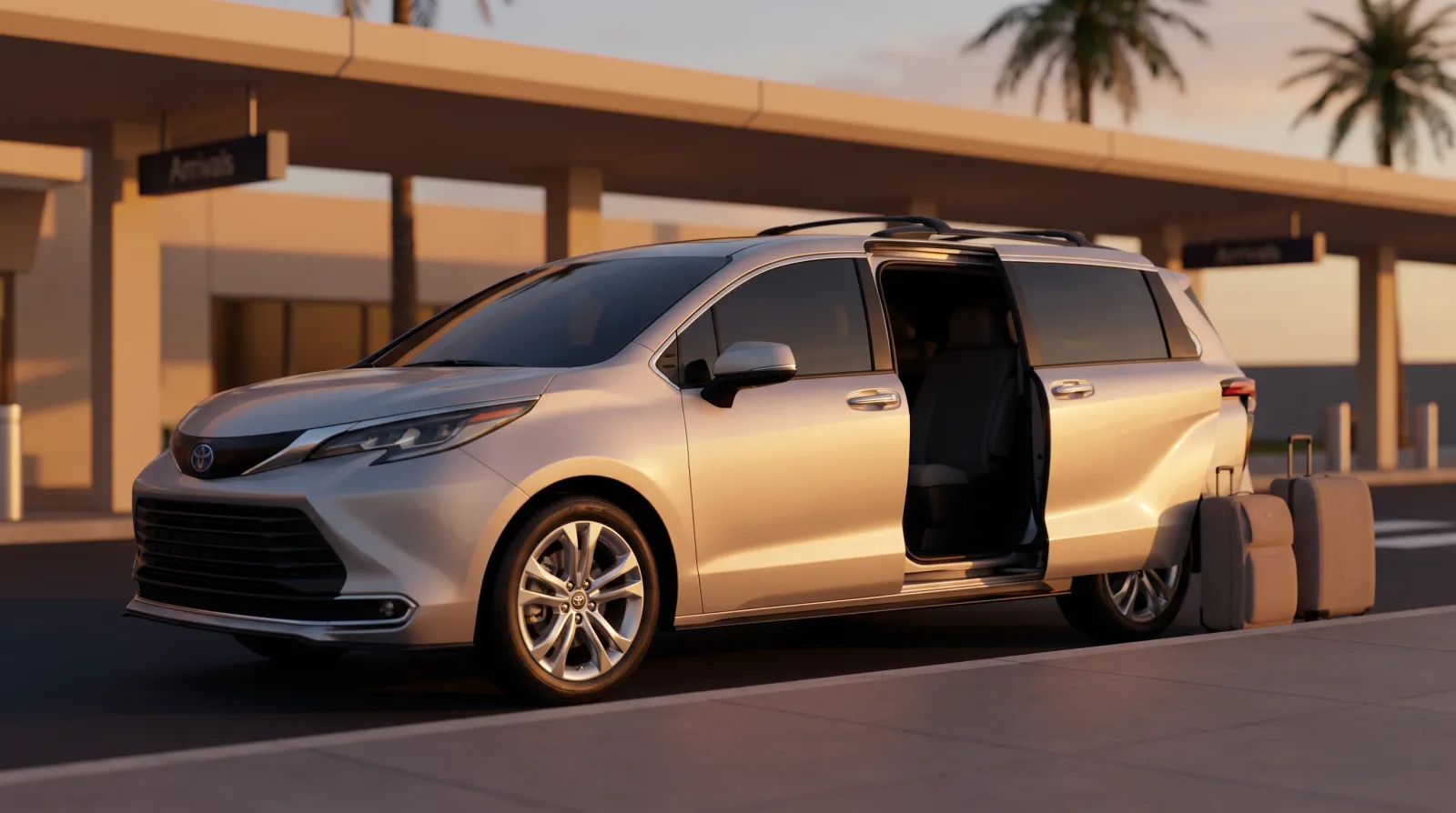 Silver minivan waiting at an airport terminal curbside with luggage beside the sliding door