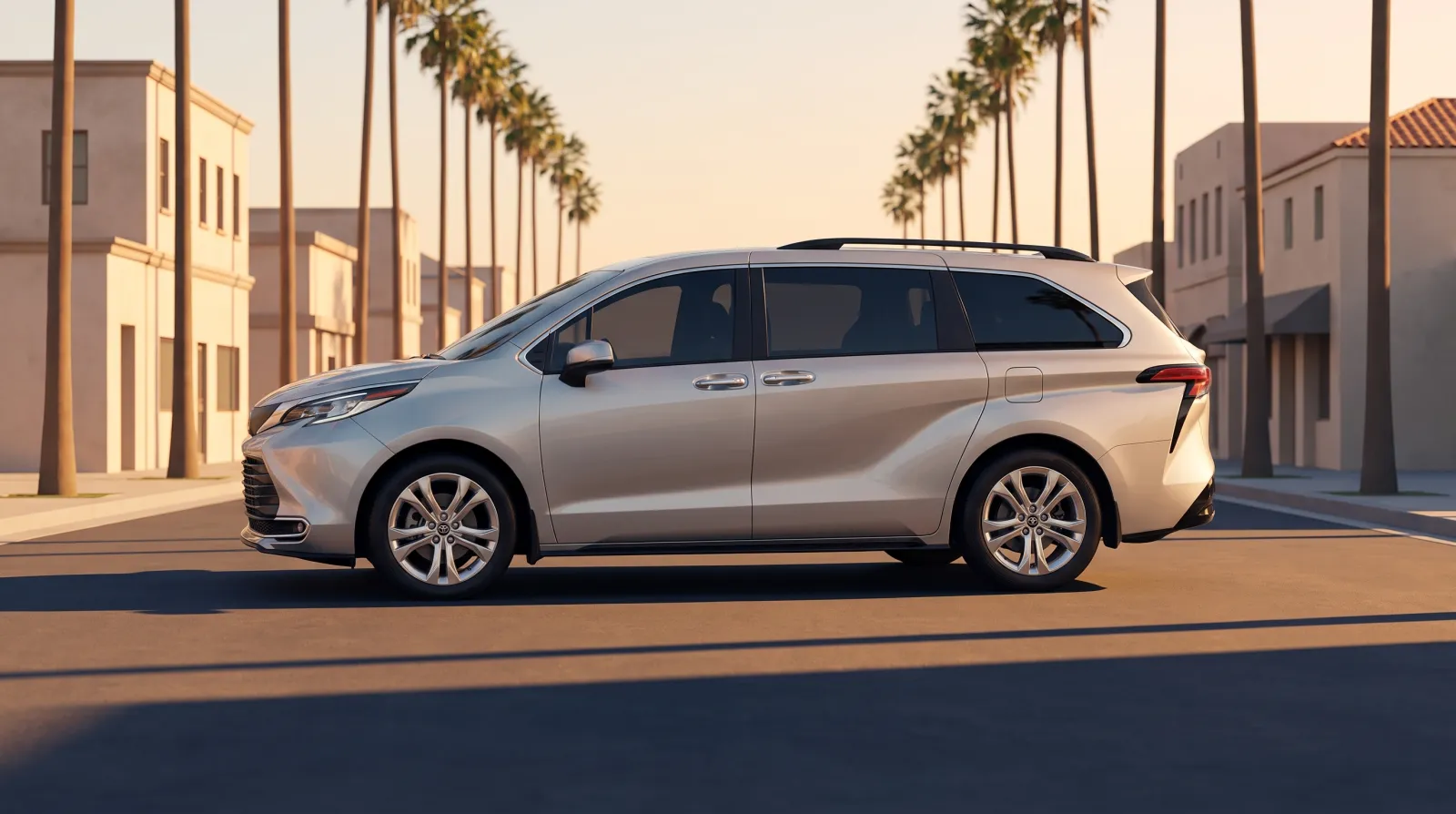 Silver minivan on a palm lined Los Angeles boulevard in late afternoon light